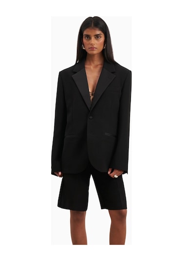 Because Of Alice Satin Detail Single Breasted Blazer Oversize Tek Düğmeli Kadın Ceket Siyah
