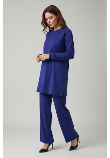 Kadın Tunik Önü Dikişli Altı Bantlı Pantolonun Beli Lastikli Önü Dikişli İkili Takım Mavi