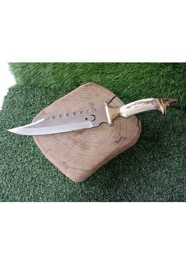 Tctknives Kurt Başlı Ay-Yıldızlı El Yapımı Av Kamp Bıçağı Kahverengi - Krem