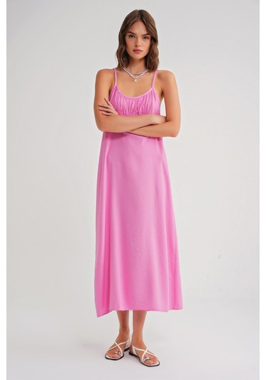 4742 Kadın İp Askılı Büzgü Detaylı Midi Elbise Pembe Pembe