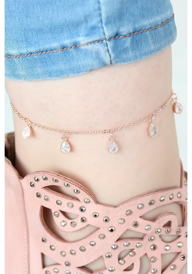 Zarif Kadın İçin Rose Zincirli Damla Taşlı Halhal Standart