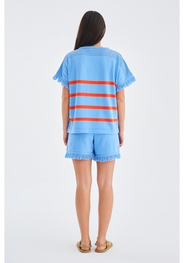 Peraluna Hannah Blouse & Shorts Pamuklu Yazlık Kadın Triko Şort T Mavi