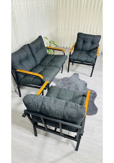 Madame Home Kalanşo Balkon, Bahçe,teras,cafe - Salon - Metal Kanepe Koltuk Takımı Çay Seti 2+1+1 Antrasit