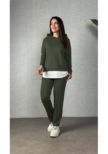 S-pazarım Kadın Uzun Kollu Kapşonlu Bağcıklı Viskon Iki Iplik Bluz Ve Pantolon Ikili Takım Yeşil