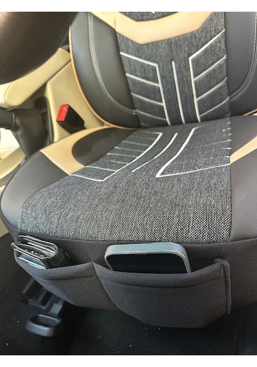 Argalı Ford Courier Araca Uygun Oto Koltuk Kılıfı Üniversal Keten Ve Suni Deri Cepli Oto Koltuk Kılıf Bej