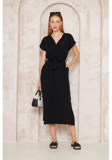 Kadın %100 Müslin Pamuk Yırtmaçlı Kruvaze Beli Kuşaklı Salaş Uzun Günlük Elbise 3612330 Siyah