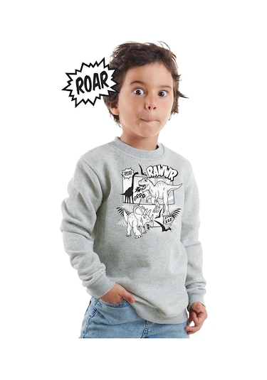 Denokids Rawr Dino Erkek Çocuk Sweatshirt -  Gri Melanj