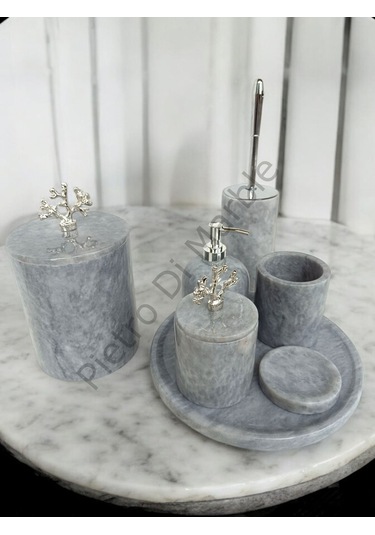 Gri Mermer Klasik Model 7 Parça Gümüş Renk Mercan Aksesuarlı Banyo Seti Gri