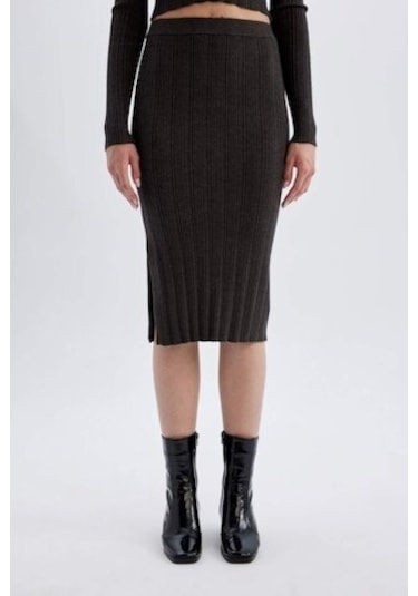 Defacto Coool Slim Fit Dar Kesim Basic Düz Yırtmaçlı Triko Midi Etek A2058AX24AUAR227 Antrasit