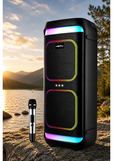 Hepu Hp-986 24w Taşınabilir Partybox Hoparlör - Çift 8" Speaker Işıklı, Mikrofonlu, Tws Destekli Ses