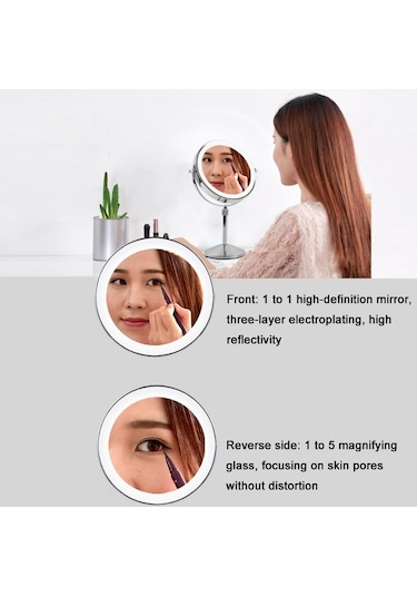 Sones Masaüstü Çift Taraflı Yuvarlak Led Aydınlatmalı Makyaj Aynası Kaldırılabilir Büyüteçli Ayna, Özellikler: Düzlem + 5 Kat Büyütme 7 İnç Pil Modeli
