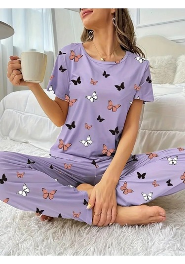 Supplierby Kadın Kısa Kollu Bisiklet Yaka Kelebek Baskılı Süprem Ikili Takım Mor