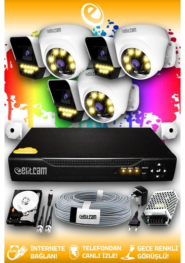 Elitcam 6 Kameralı Süper 3 İç Kamera Set 2 TB 5 MP 2K Net Renkli Gece Görüşlü Güvenlik Kamerası Sistemi