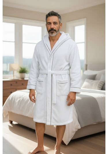 % 100 Pamuklu Laodikeia Kapşonlu Unisex Kadın Erkek Bornoz Beyaz