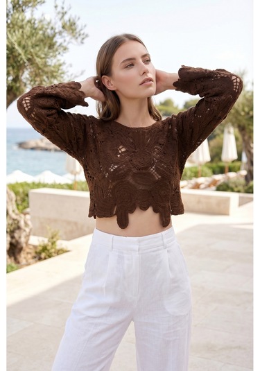 Sayzen Your Shine Dantel Işleme Crop Bluz Sy-shn04 Kahverengi