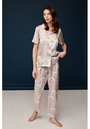 Bonnie&Clyde - Kadın Baskılı Saten Pijama Takımı -5244 Pudra