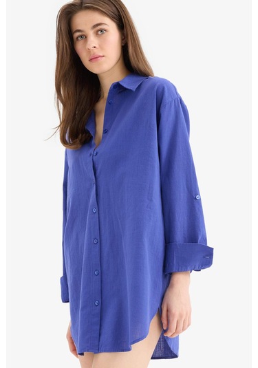 DeFacto Regular Fit Pamuklu Plaj Gömleği-Fall in Love W8241AZ25SMBE114 Mavi