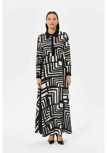 Geometrik Desenli Siyah-bej Vual Elbise Siyah Siyah