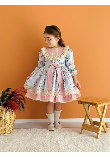 Mavi Çiçekli Önü Fiyonklu Vintage Elbise, Özel Dikim Çocuk Elbisesi, Doğum Günü Elbisesi,0-12 Yaşa Uygun Mavi