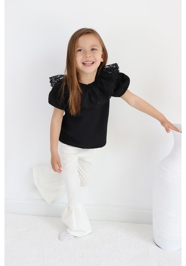 Kız Çocuk Krem İspanyol Paça Yüksek Bel Lastikli Tayt Pantolon Alt-0004.63 Krem