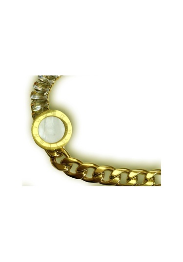 Uzel Çelik Gold Altın Renk Yarım Taşlı, Yarım Kalın Zincir Detaylı, Romen Rakamlı Çelik Bileklik Gold