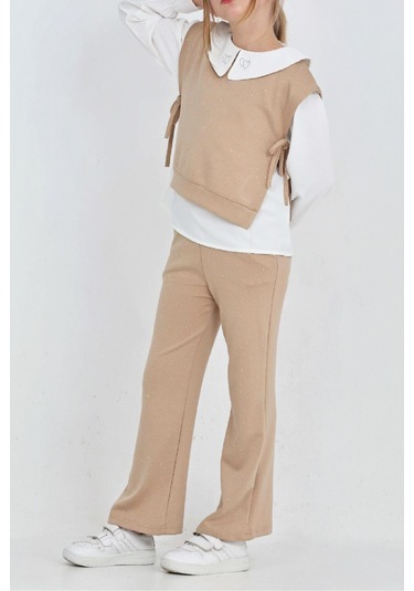 Kız Çocuk 3'lü Takım Pantolon+yelek+bluz 12429 Krem