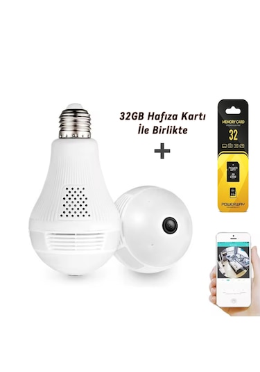 Bakıcı Güvenlik Kamerası Panoramik Ampul Kamera 32gb Hafıza Kartı