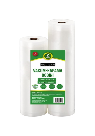 Novisan 1 Adet 20cm 5 Metre + 1 Adet 25cm 5 Metre toplam 10 Metre Vakum Poşeti Bobini Tırtıklı