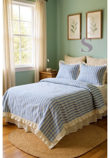 Mavi-bej % 100 Pamuk Fırfır İplik Boyalı Çift Kişilik Nevresim Takımı,modern Çizgili Nevresım Seti Mavi - Bej