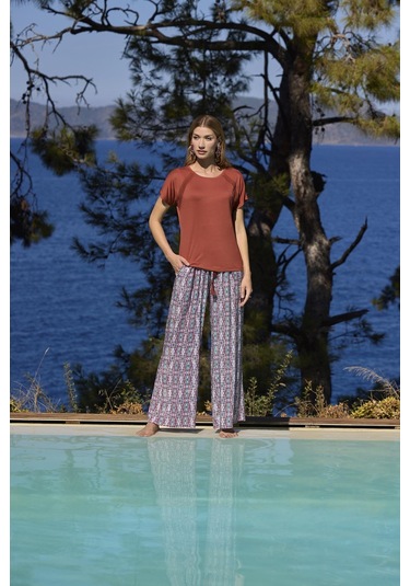 Monamise Kadın Etnik Desenli Kısa Kollu Alt Üst Takım 25024 Kiremit