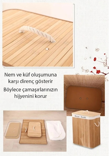 Ezere Bambu Naturel Hasır Çift Bölmeli Katlanabilir Kirli Çamaşır Sepeti 100 Lt Bej