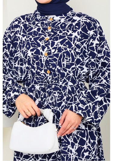 Sevil Yarım Düğmeli Dokuma Viskon Elbise 1504 - Lacivert Lacivert