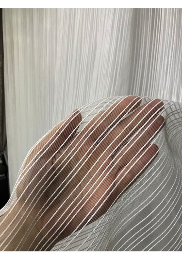 Rüyaper Çizgili Tül Perde 1/3 Sık Pile Ekru
