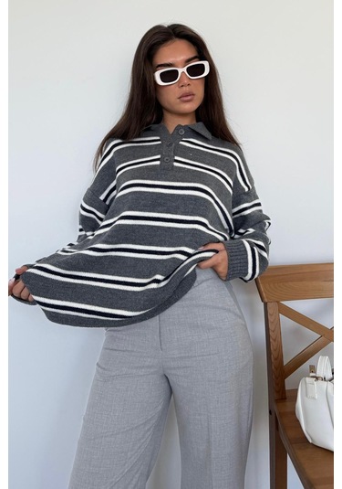 Antrasit Polo Yaka Çizgili Kadın Triko Kazak Mg2469 Antrasit