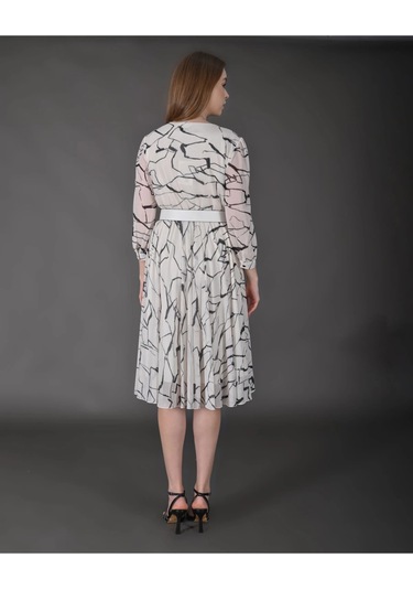 Modatalika Kadın Midi Boy Desenli Truvakar Kol Kemer Detaylı Yeni Sezon Elbise Ekru