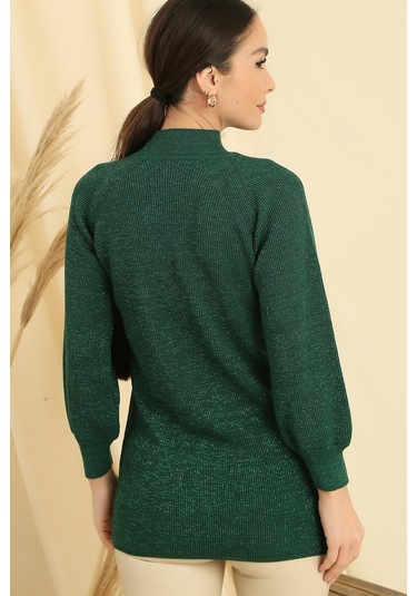 Boyun Dekolteli Saç Örgülü Desen Büyük Beden Spor Tunik Kazak-35299 - Yeşil