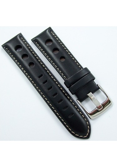 Bizon Siyah Deri Saat Kordonu 24Mm Beyaz Dikişli Delikli Kayışı S
