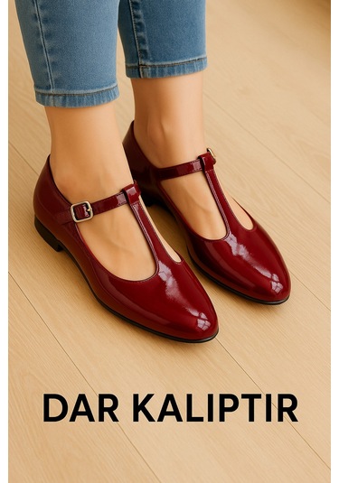 Siyah Süet T-strap Mary Jane Tasarım Babet Bordo