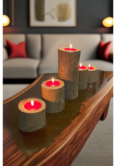 5'li Tealight Mumluk Seti, Doğal Kütük, El Yapımı Ahşap, Rustik Modern Dekor Bohem & İskandinav Tarz Ahşap Rengi