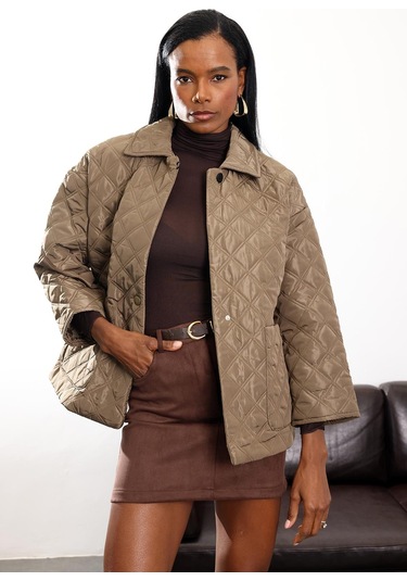 Kahverengi Atkı Detaylı Kapitone Mont 0762 Kahverengi