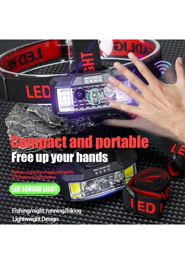 Police Ps-1970 Led Güçlü Çok Fonksiyonlu Usb Şarj Edilebilir Sensörlü Kafa Lambası Kırmızı - Siyah