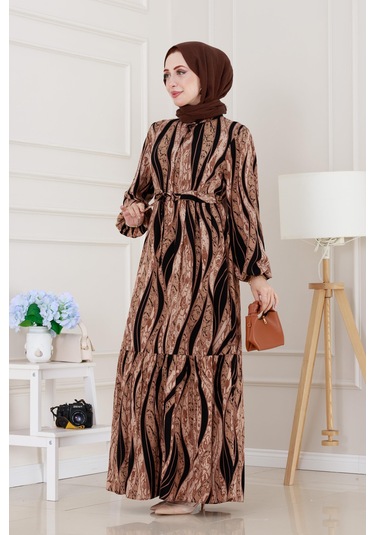 Sevitli Leopar Desenli Beli Tünelli Viscon Elbise-vizon-5085 Vizon