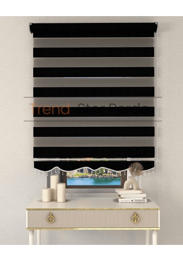 Siyah Bambu Boncuklu Zebra Stor Güneşlik Perde Opak Siyah