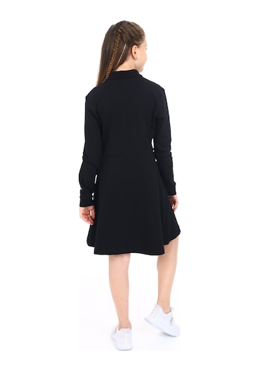 Toontoy Kız Çocuk Polo Yaka Çıtçıtlı Göğsü Baskılı Elbise Siyah