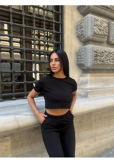 WeShaya Siyah Modal Polyester Dokulu Bisiklet Yaka Takım Siyah