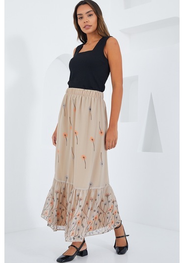 Kadın Krem Desenli Şifon Etek 8010 8010bgd19-033-14945 001