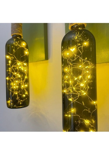 Led Işıklı Yeşil Ahşap Renkli Retro Şarap Şişesi Duvar Aplik 2'li Set Yeşil