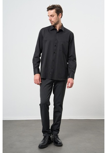 Siyah Uzun Kol Düz Bez Ayağı Sert Yaka Cep 30 Pamuklu Classic Comfort Fit Gömlek 1004245269 001 Siyah