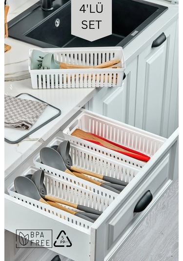 4'lü Set Kaşıklık Ve Kepçelik Çekmece Içi Düzenleyici / Beyaz Beyaz