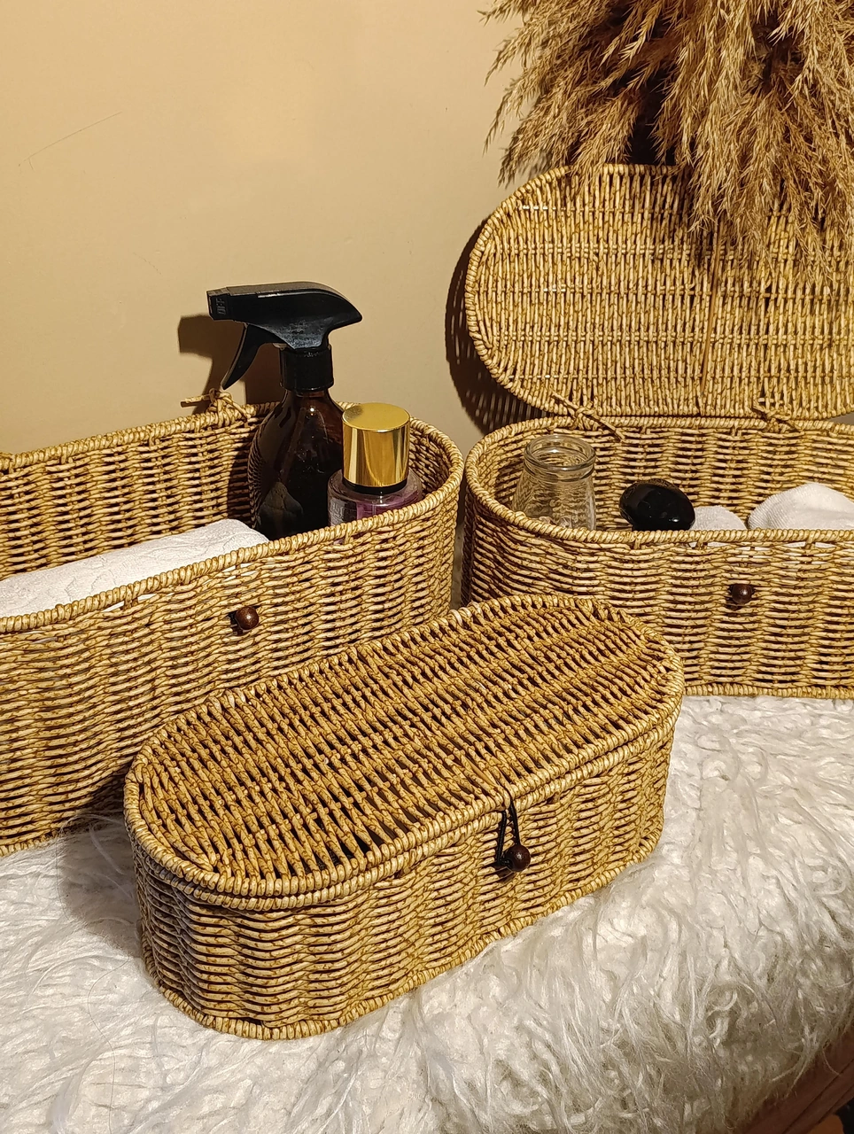 3'lü Rattan Oval Kapaklı Düğmeli Kutu / Organizer / Düzenleyici Diğer